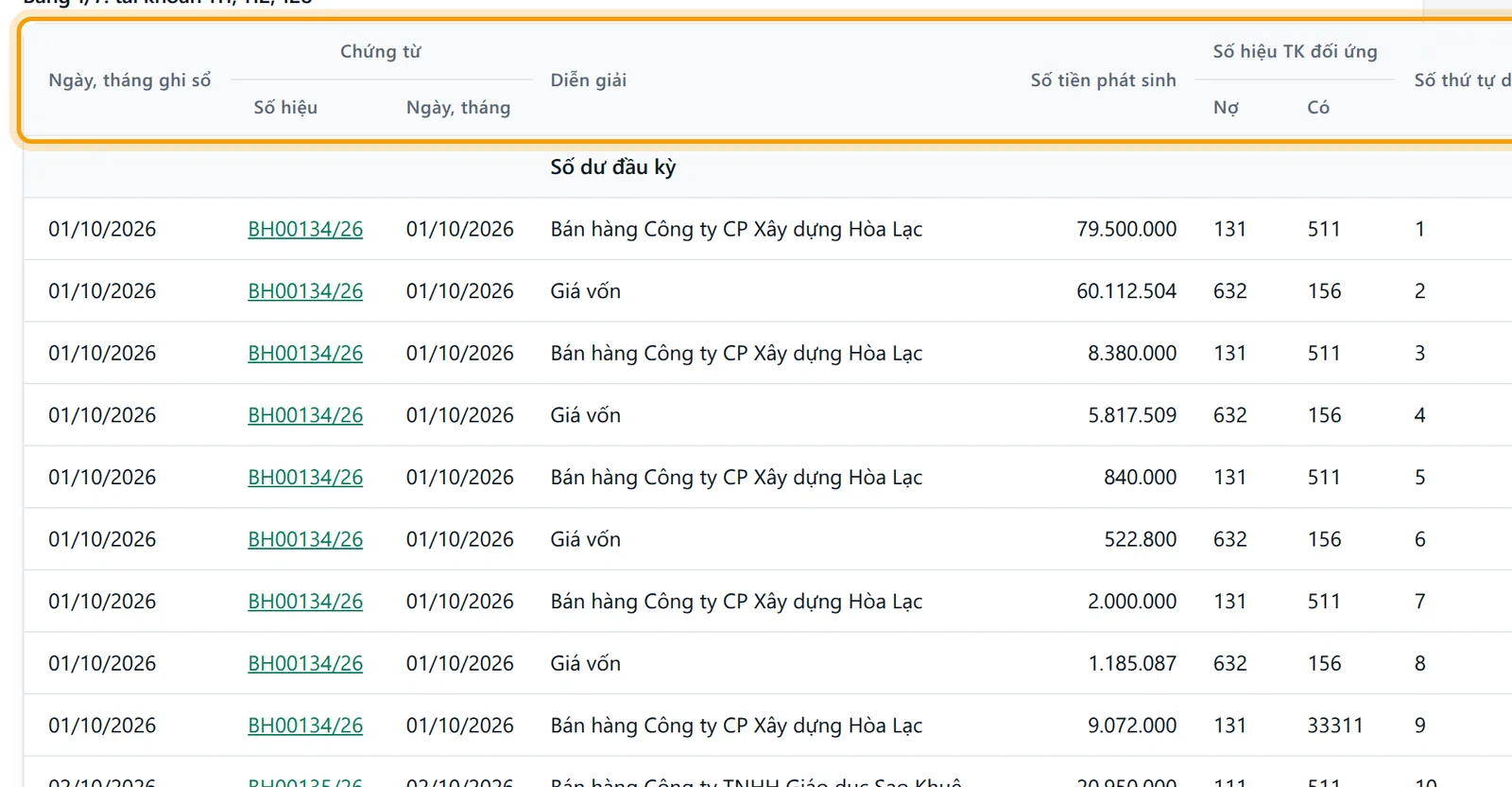 Bảng 1 của sổ khổ A4 dọc, các cột tài khoản 111, 112, 131 được viền vàng