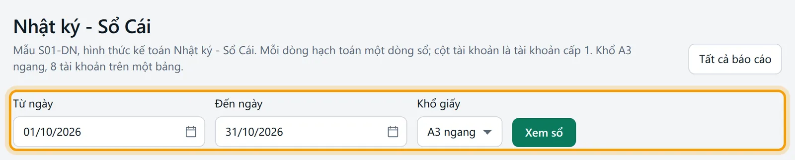 Đầu trang Nhật ký - Sổ Cái, thanh chọn kỳ và khổ giấy được viền vàng