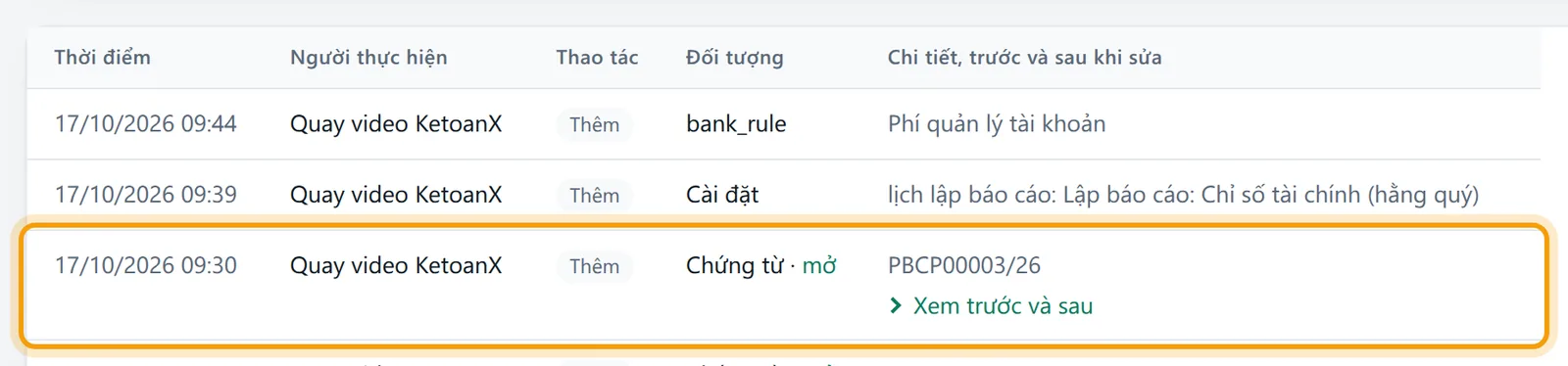 Đầu bảng nhật ký với các cột Thời điểm, Người thực hiện, Thao tác, Đối tượng và Chi tiết trước và sau khi sửa, một dòng Chứng từ có liên kết mở và mục Xem trước và sau được viền vàng