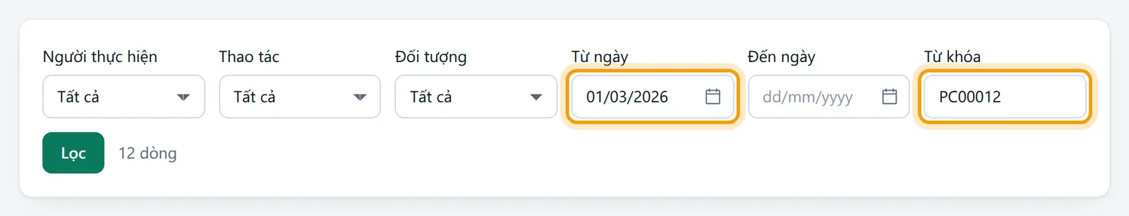 Khung lọc đã nhập Từ ngày 01/03/2026 và Từ khóa PC00012, nút Lọc