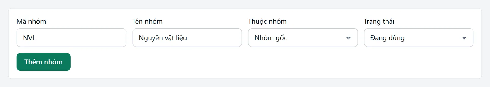 Biểu mẫu thêm nhóm đã nhập mã NVL và tên Nguyên vật liệu