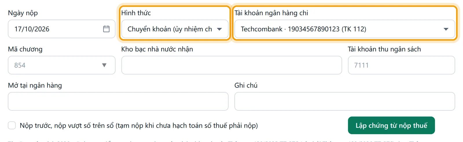 Hình thức Chuyển khoản (ủy nhiệm chi) và Tài khoản ngân hàng chi