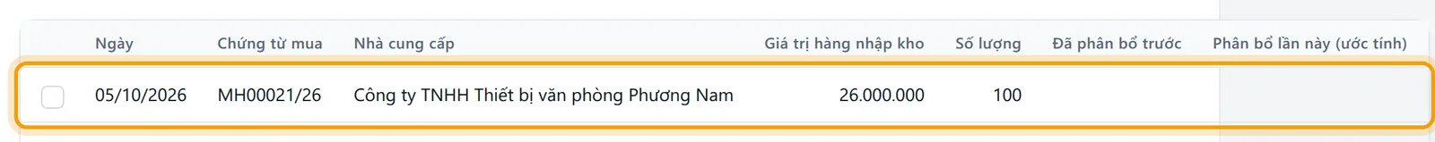 Bảng chứng từ mua nhập kho đã ghi sổ để chọn, mỗi dòng có ô tick