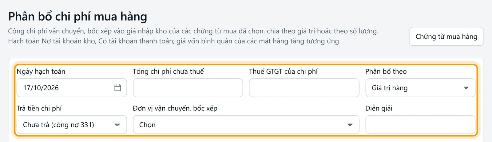 Màn Phân bổ chi phí mua hàng, biểu mẫu nhập chi phí và bảng chọn chứng từ mua