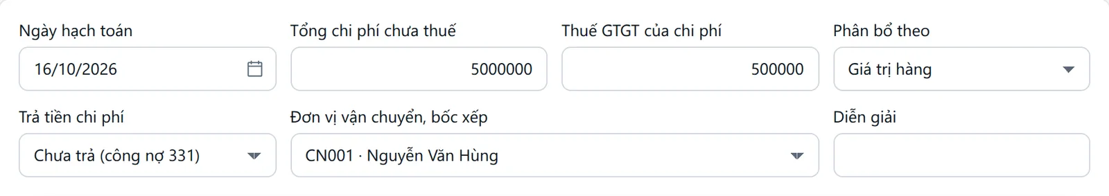 Phần đầu biểu mẫu đã nhập ngày hạch toán 16/10/2026, tổng chi phí 5000000, thuế 500000, đơn vị vận chuyển