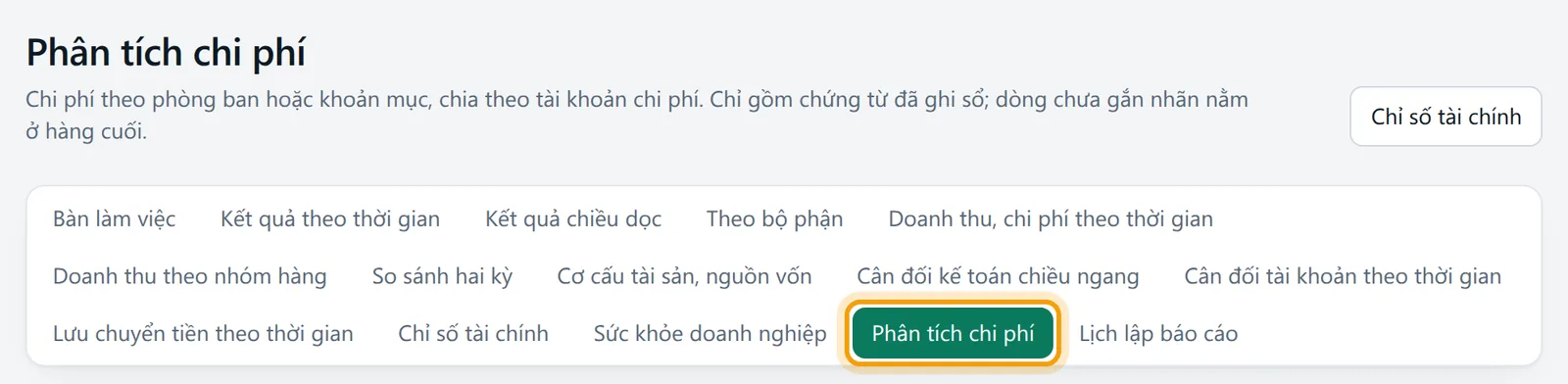 Trang Phân tích chi phí, thẻ Phân tích chi phí đang chọn và bảng chi phí theo phòng ban được viền vàng