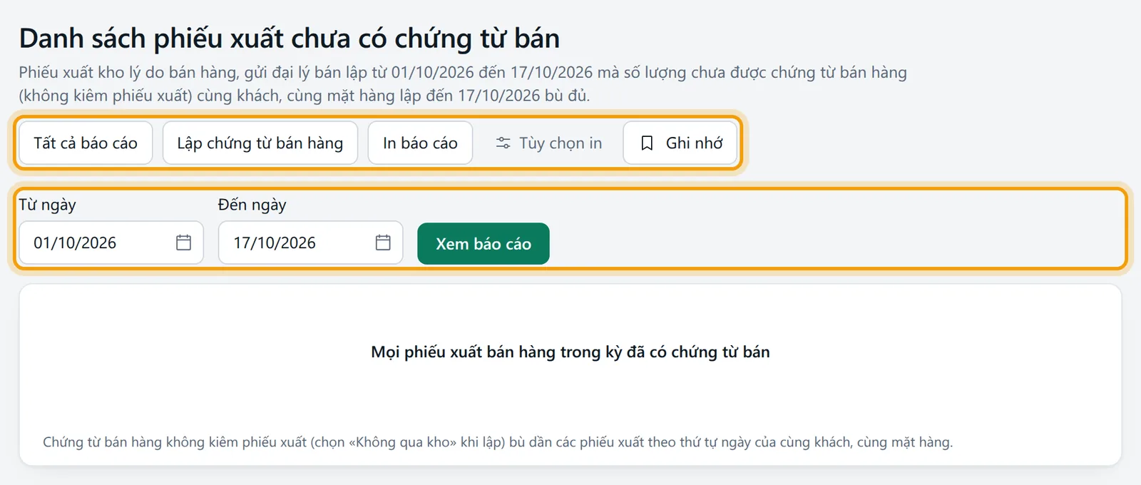 Màn Phiếu xuất chưa có chứng từ bán với hàng nút, bộ lọc ngày và vùng kết quả