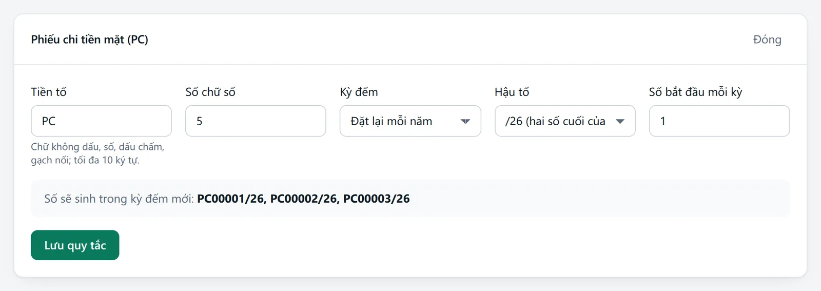 Khung quy tắc của Phiếu chi tiền mặt (PC): Tiền tố, Số chữ số, Kỳ đếm, Hậu tố, Số bắt đầu mỗi kỳ và nút Lưu quy tắc