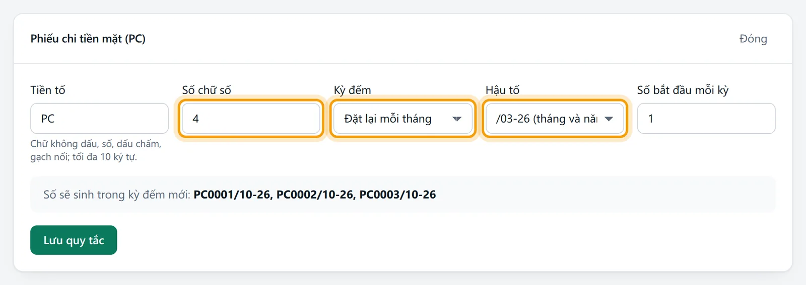 Số chữ số 4, Kỳ đếm Đặt lại mỗi tháng, Hậu tố tự chuyển sang tháng và năm, dòng xem trước số sẽ sinh