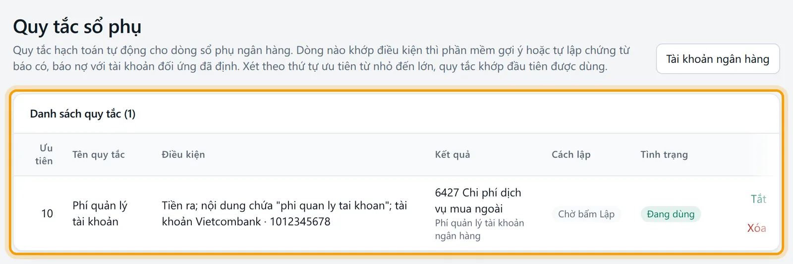 Màn Quy tắc sổ phụ với danh sách có một quy tắc Phí quản lý tài khoản, kết quả tài khoản 6427