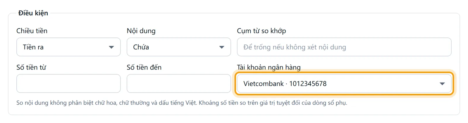 Ô Tài khoản ngân hàng của biểu mẫu thêm quy tắc đã chọn Vietcombank 1012345678