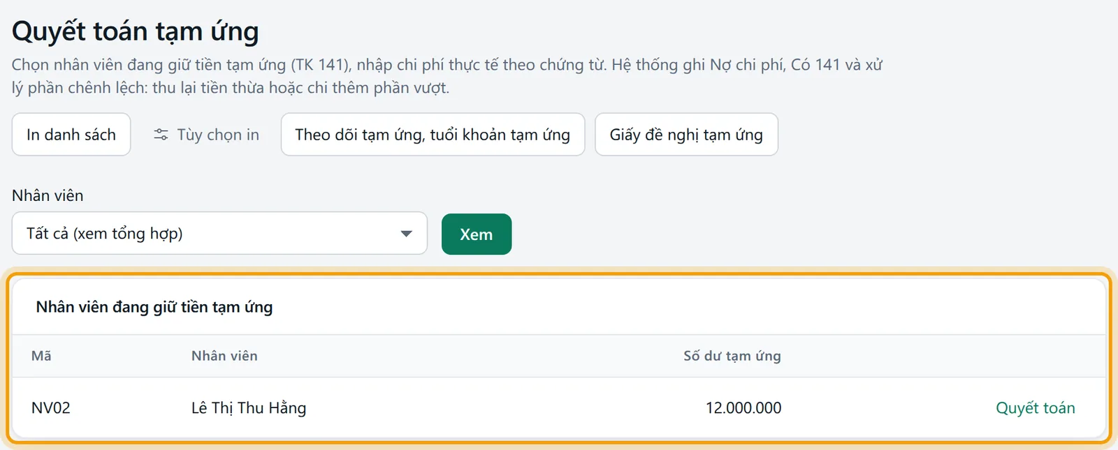 Bảng Nhân viên đang giữ tiền tạm ứng liệt kê Lê Thị Thu Hằng giữ 12.000.000 kèm nút Quyết toán