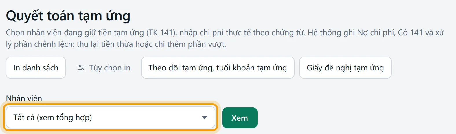 Ô Nhân viên liệt kê Lê Thị Thu Hằng đang tạm ứng 12.000.000 và Đỗ Quang Vinh
