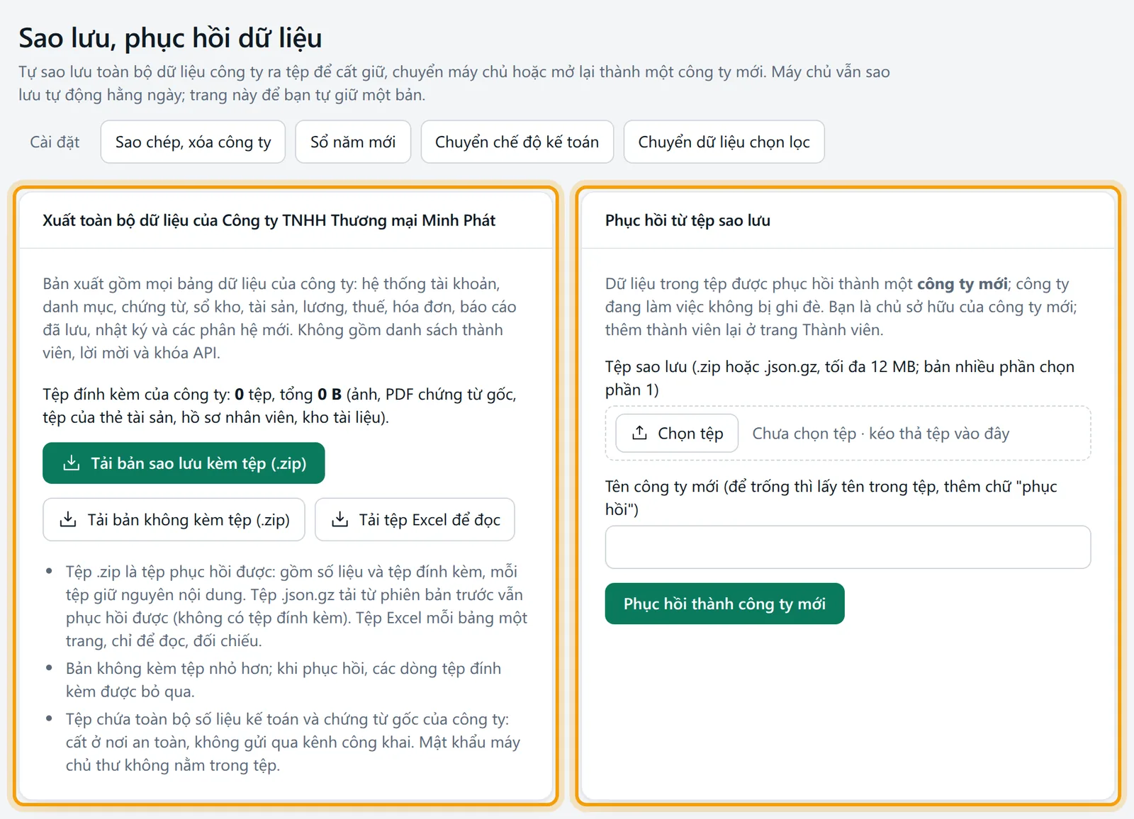 Màn Sao lưu, phục hồi dữ liệu: khung Xuất toàn bộ dữ liệu bên trái và khung Phục hồi từ tệp sao lưu bên phải được viền vàng