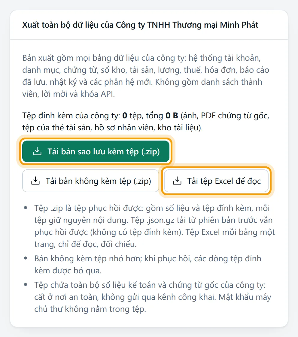 Khung Xuất toàn bộ dữ liệu: nút Tải bản sao lưu kèm tệp và nút Tải tệp Excel để đọc được viền vàng