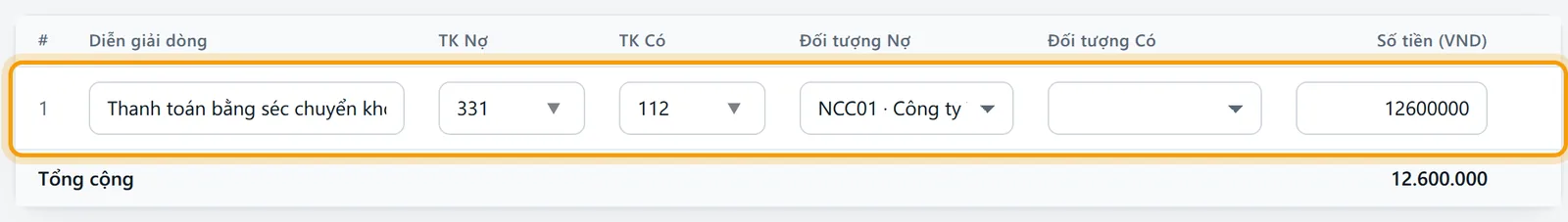 Chứng từ báo nợ BN00058/26 của séc với dòng hạch toán Nợ 331 Có 112 số tiền 12.600.000