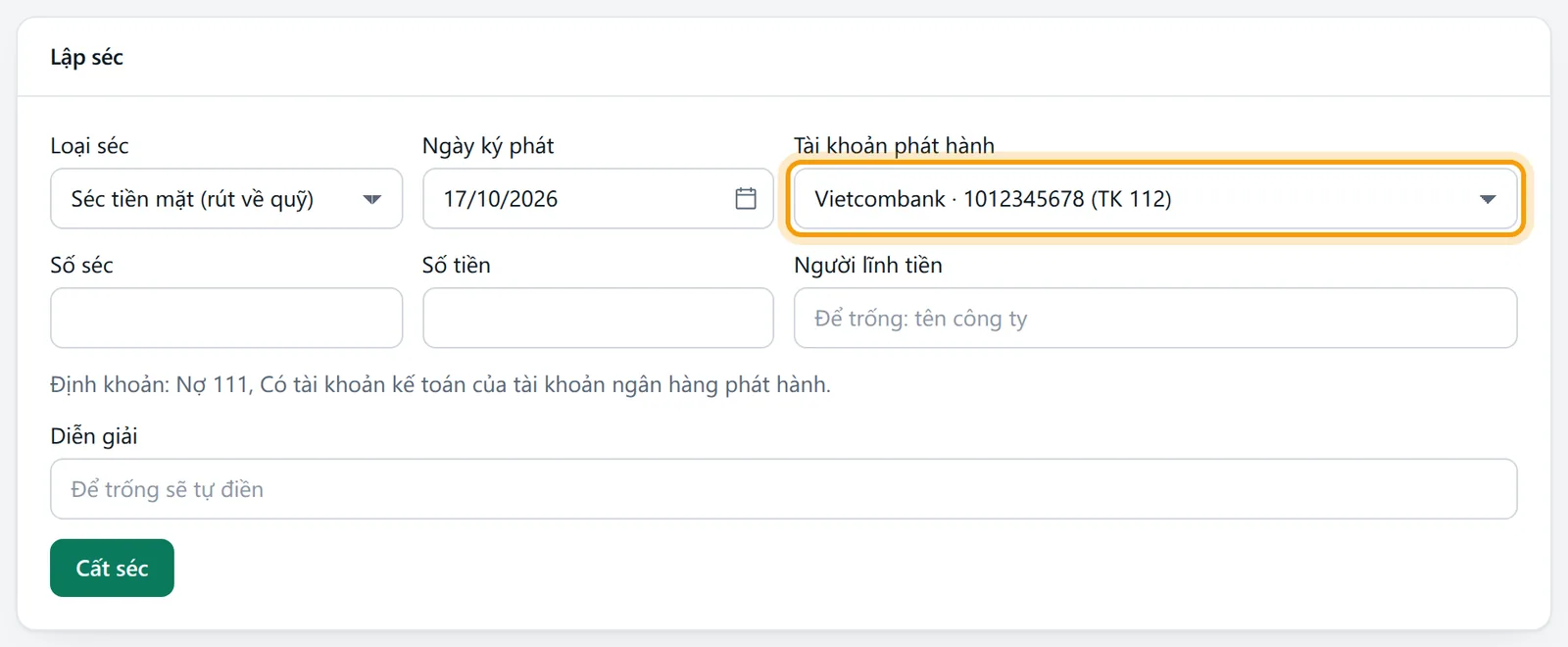 Ô Tài khoản phát hành của khung Lập séc chọn tài khoản ngân hàng bằng đồng Vietcombank