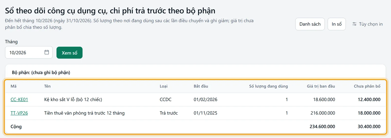 Sổ CCDC theo bộ phận với bảng từng bộ phận và bảng đối chiếu với sổ cái
