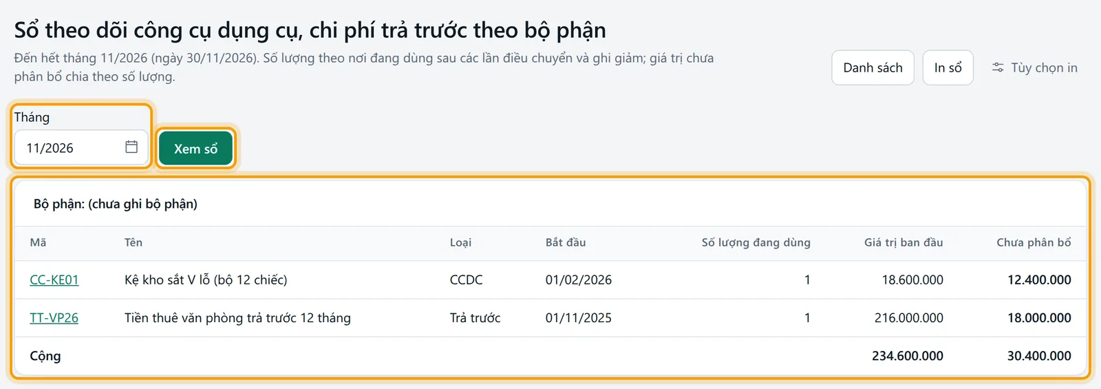 Ô Tháng 11/2026 và nút Xem sổ được viền vàng, bên dưới là bảng bộ phận