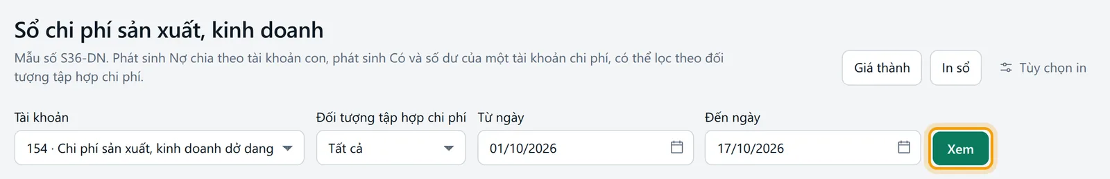 Màn báo cáo với bộ lọc khoảng ngày và nút xem được viền vàng