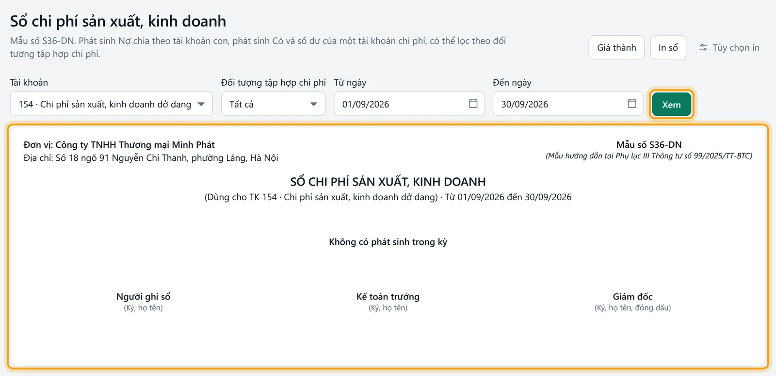 Bộ lọc đã đặt ngày, nút xem được viền vàng