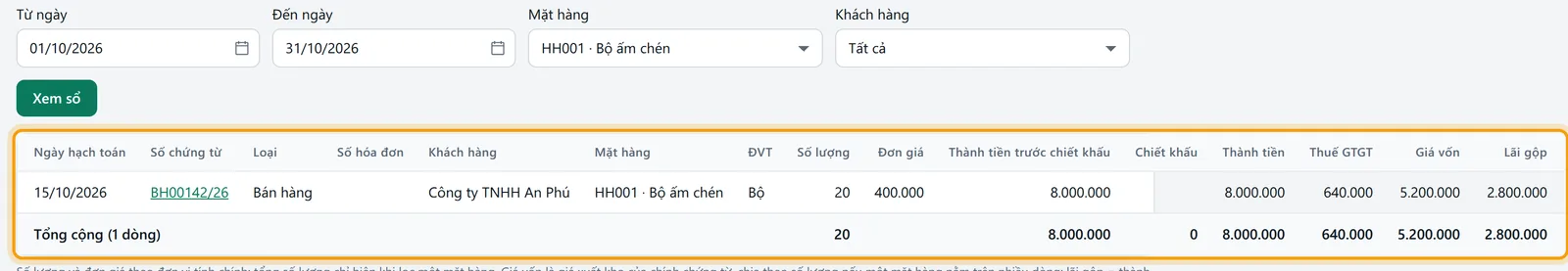 Các ô đã điền ví dụ và bảng kết quả: sổ chi tiết bán hàng tháng 10/2026