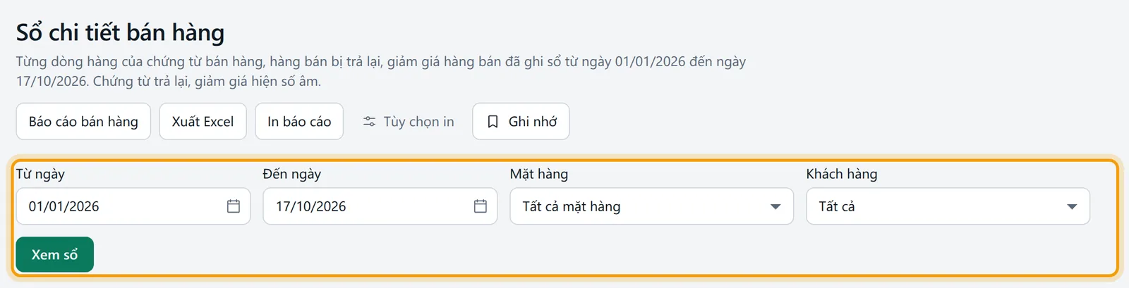 Màn Sổ chi tiết bán hàng: tiêu đề và khối kết quả chính được viền vàng