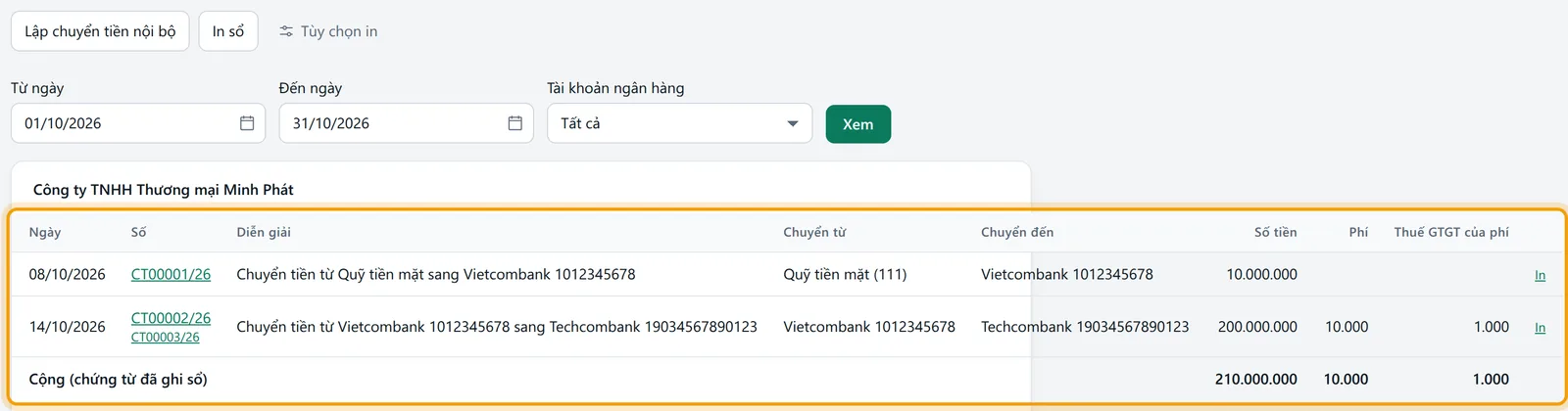 Sổ chi tiết chuyển tiền nội bộ với hai lần chuyển tháng 10/2026 và nút Lập chuyển tiền nội bộ