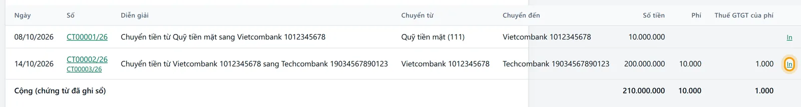 Cột cuối của lần chuyển 14/10/2026 có liên kết In để in ủy nhiệm chi chuyển tiền nội bộ