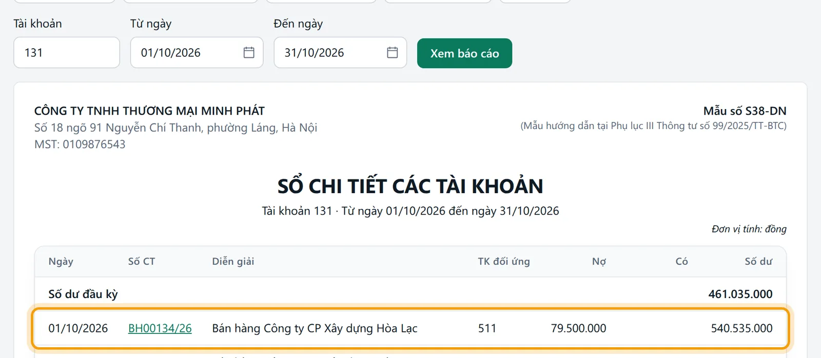 Sổ tài khoản cha 131, dòng đầu được viền vàng