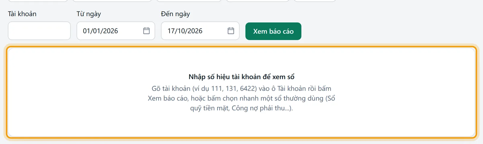 Trang chưa nhập tài khoản, câu nhắc nhập số hiệu tài khoản được viền vàng
