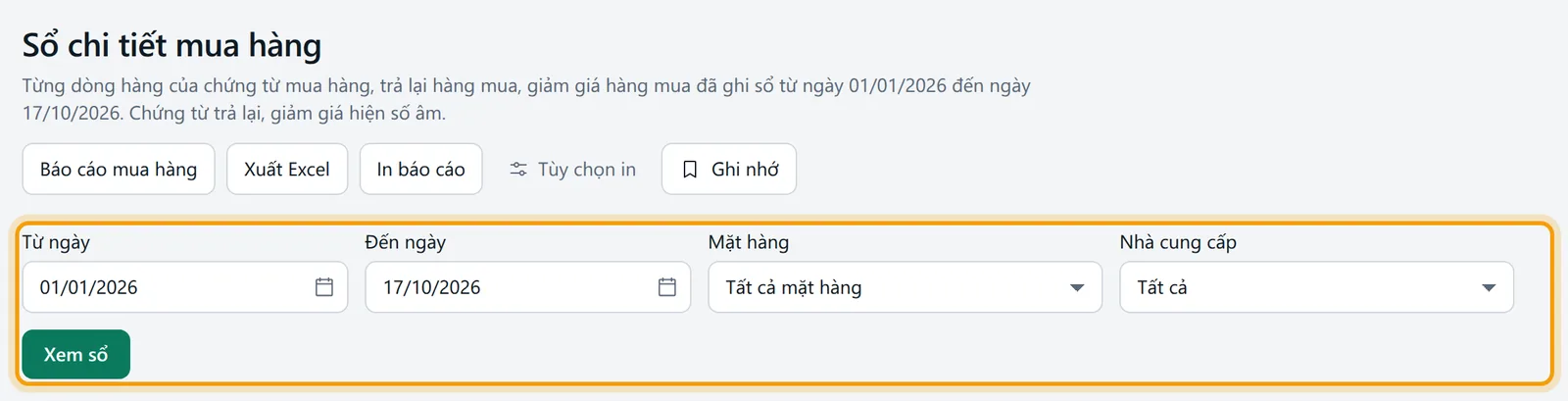 Màn Sổ chi tiết mua hàng: tiêu đề và khối kết quả chính được viền vàng
