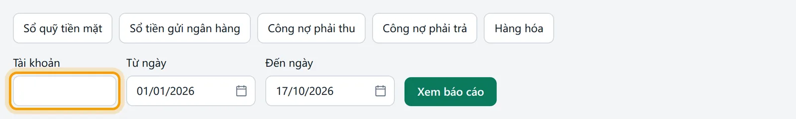 Ô Tài khoản, Từ ngày, Đến ngày của sổ chi tiết