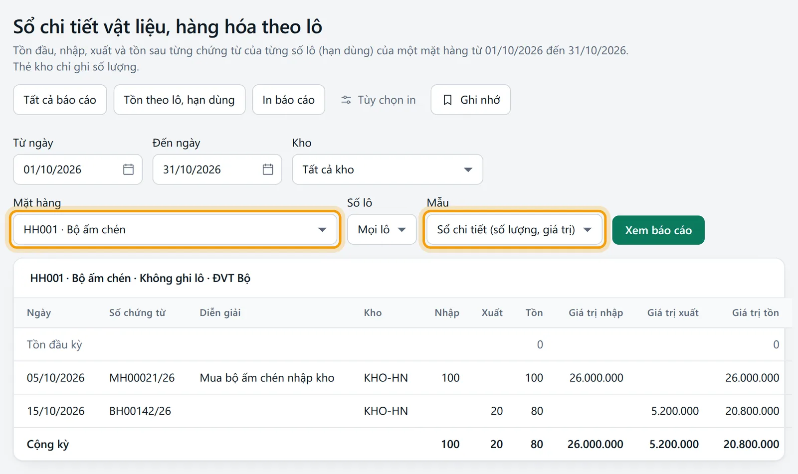 Chọn Mặt hàng Bộ ấm chén, từ 01/10/2026 đến 31/10/2026, bấm Xem báo cáo, sổ hiện bên dưới