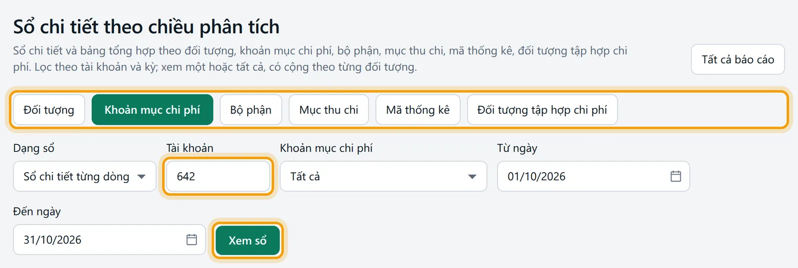 Chiều Khoản mục chi phí với tài khoản 642 tháng 10/2026