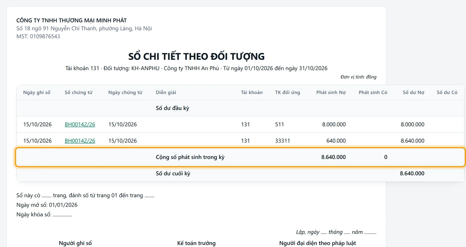 Sổ chi tiết theo đối tượng của An Phú trên tài khoản 131 tháng 10/2026, dòng cộng phát sinh được viền vàng