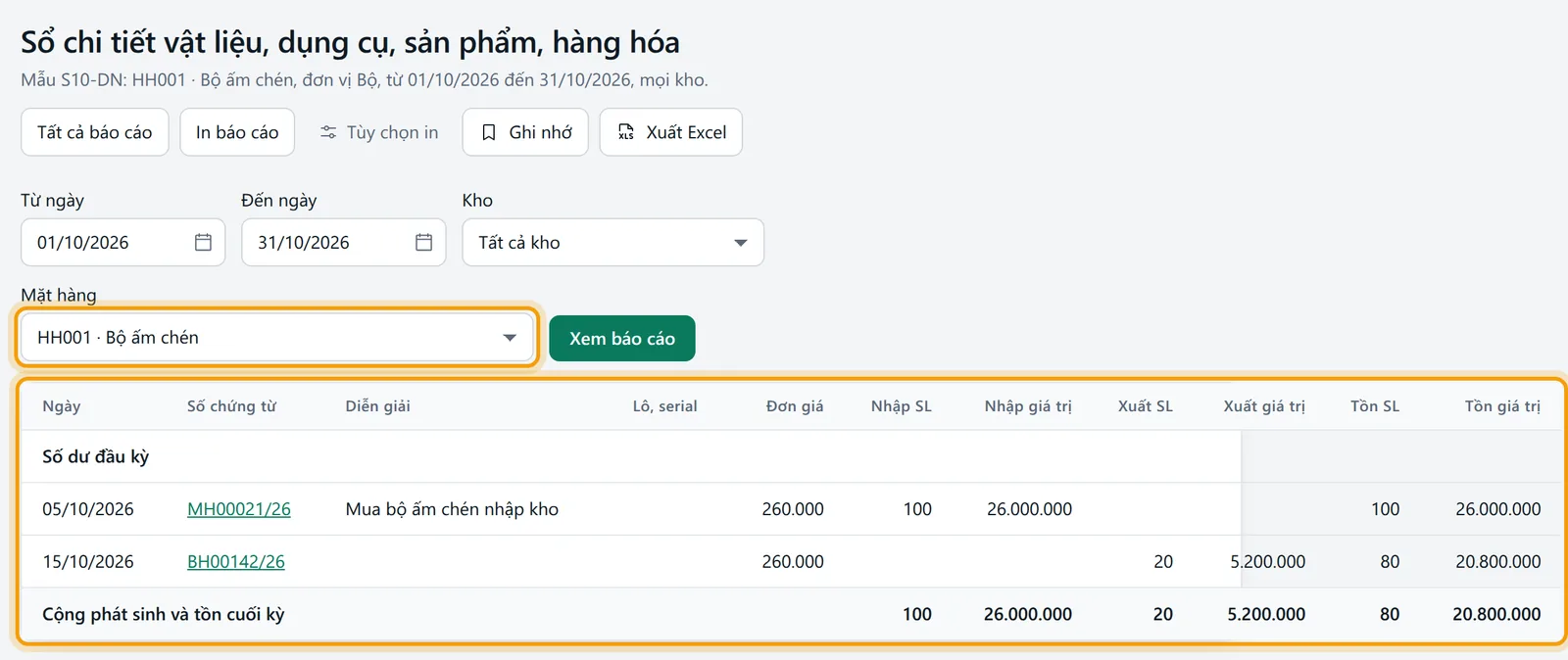 Chọn mặt hàng Bộ ấm chén, từ 01/10/2026 đến 31/10/2026, bấm Xem báo cáo, sổ chi tiết hiện bên dưới