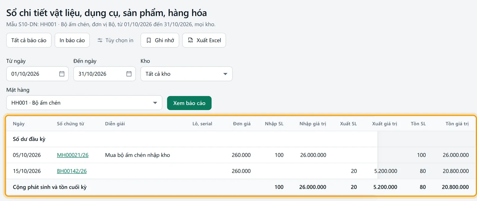 Màn Sổ chi tiết vật liệu, dụng cụ, sản phẩm, hàng hóa với bộ lọc và vùng kết quả được viền vàng