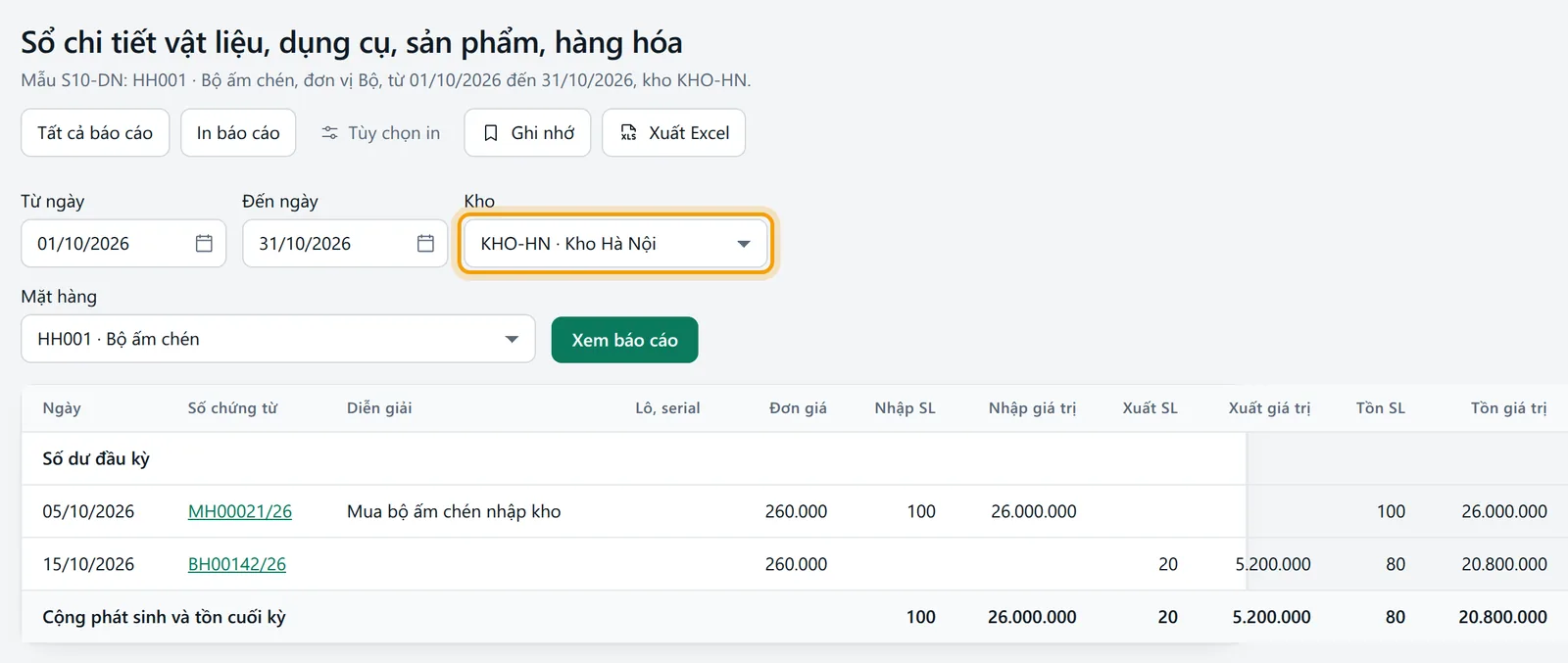 Ô Kho chọn Kho Hà Nội, sổ chi tiết chỉ còn dòng của kho đó