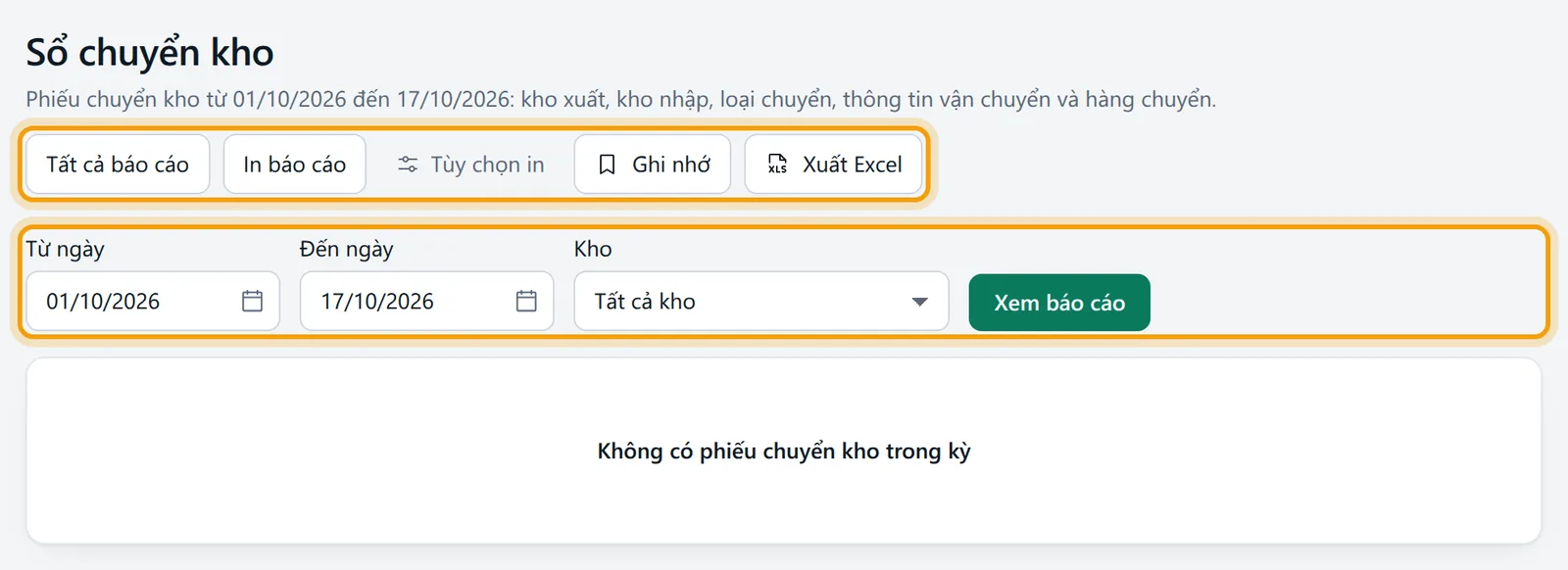 Màn Sổ chuyển kho với hàng nút, bộ lọc ngày và vùng kết quả