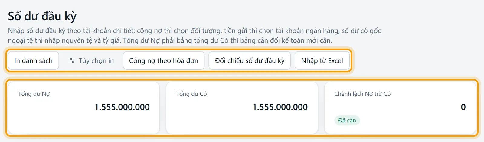 Màn Số dư đầu kỳ: hàng nút sang các màn nhập chi tiết và ba ô tổng dư Nợ, dư Có, chênh lệch được viền vàng