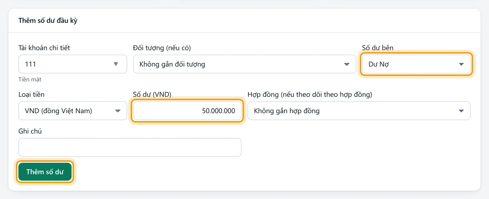 Gõ tài khoản 111, ô Số dư bên tự đặt Dư Nợ, số dư 50.000.000, nút Thêm số dư được viền vàng