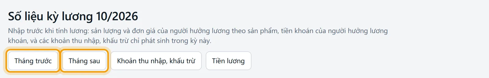 Nút Tháng trước và Tháng sau ở đầu trang, tiêu đề ghi kỳ 10/2026