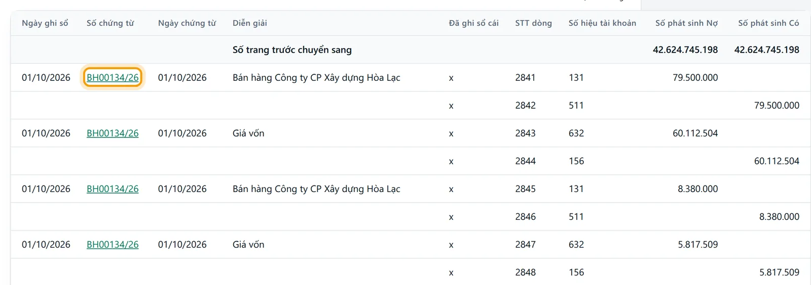 Dòng đầu của sổ nhật ký chung, số chứng từ BH00134/26 được viền vàng