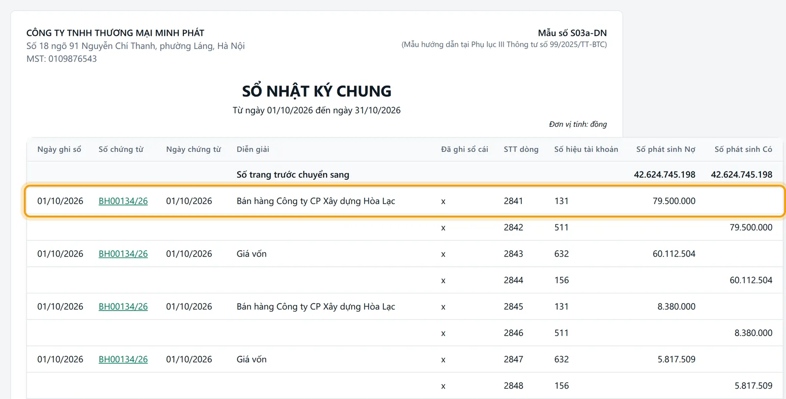 Kỳ 01/10/2026 đến 31/10/2026 và dòng Số trang trước chuyển sang của sổ