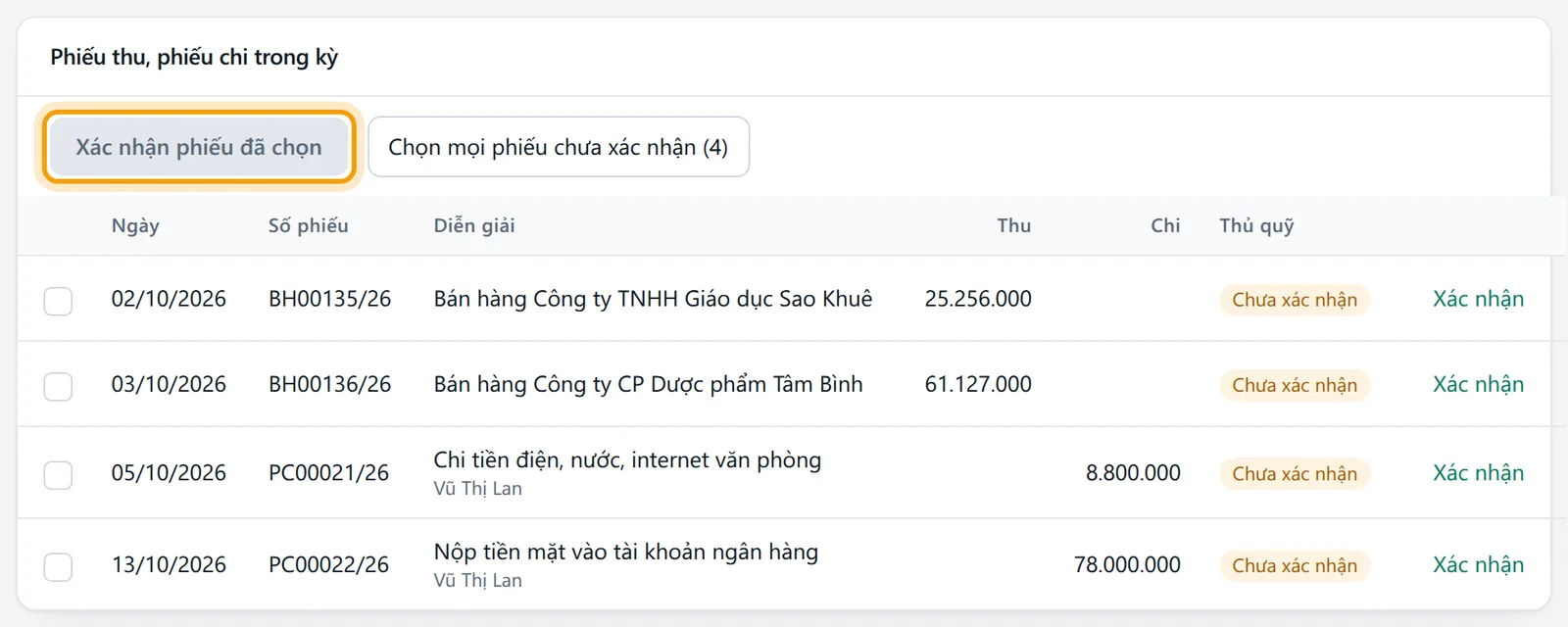 Nút Xác nhận phiếu đã chọn bị mờ khi chưa tích phiếu nào