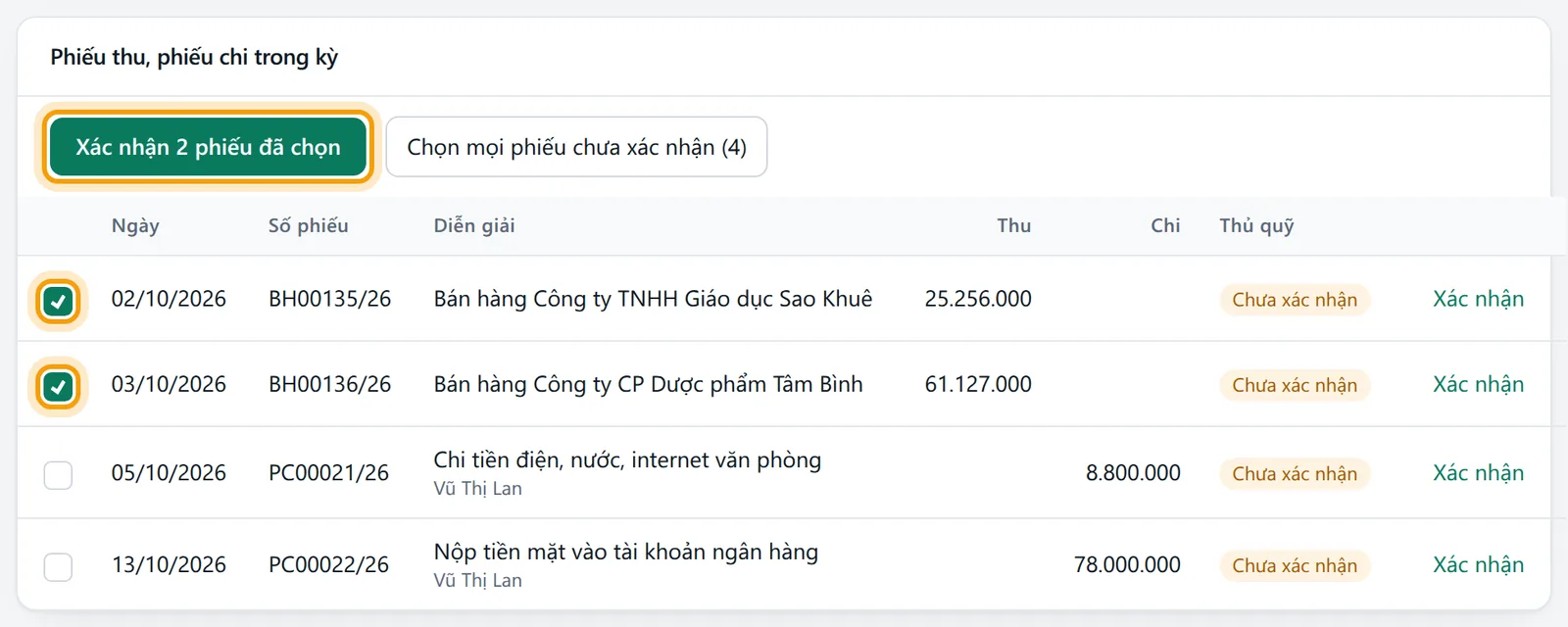 Khoảng ngày 01/10/2026 đến 16/10/2026, hai phiếu đầu được tích chọn và nút Xác nhận 2 phiếu đã chọn xuất hiện