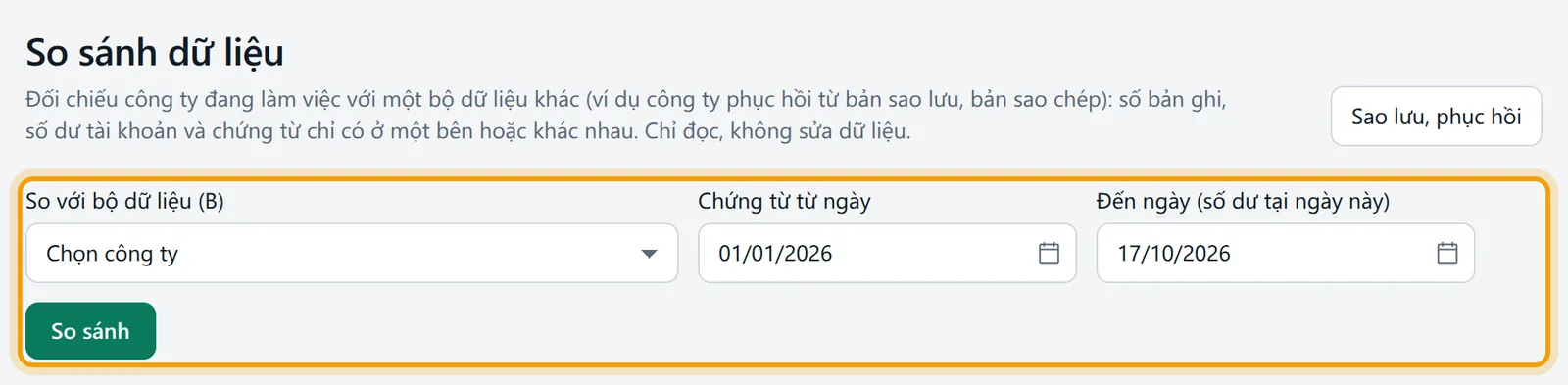 Màn So sánh dữ liệu: nút Sao lưu, phục hồi và thanh chọn công ty B, hai ô ngày, nút So sánh được viền vàng
