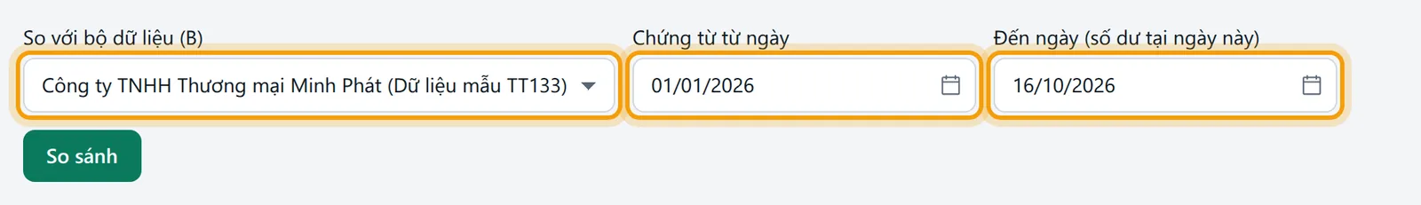 Công ty B đã chọn, Chứng từ từ ngày 01/01/2026, Đến ngày 16/10/2026 và nút So sánh