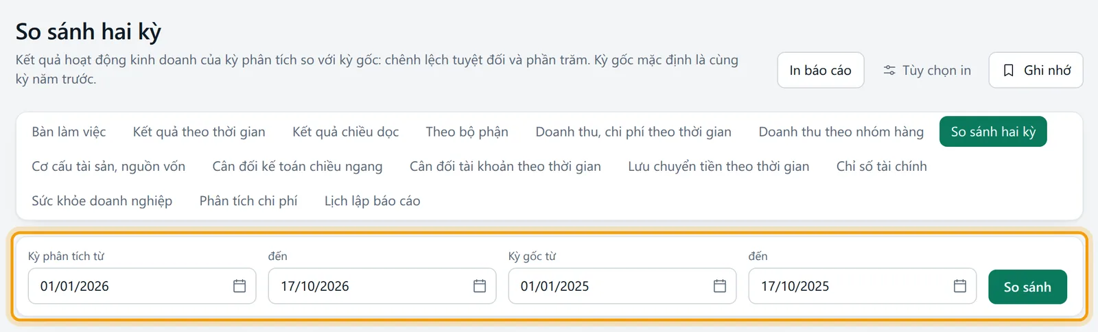 Màn So sánh hai kỳ: tiêu đề và khối kết quả chính được viền vàng